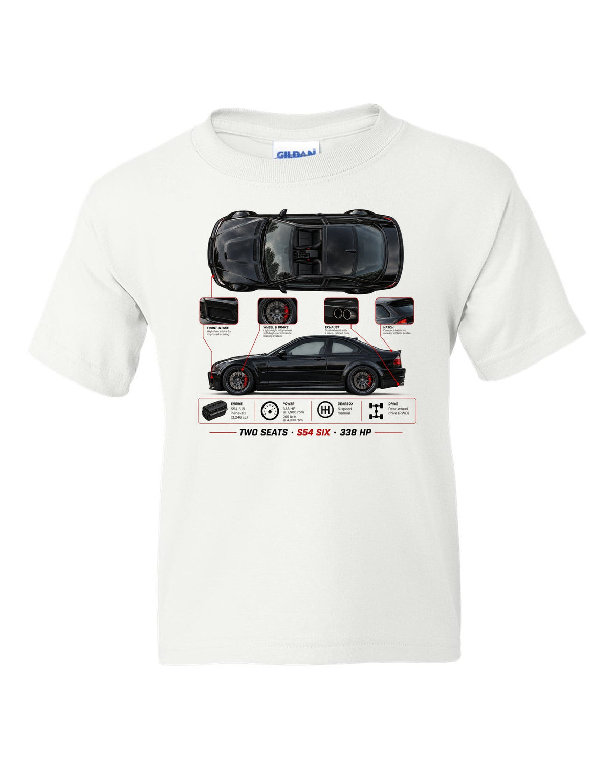 BMW Z4 M Coupe E86 spec poster print with two seats S54 six 338 hp white kids tee front view with the design