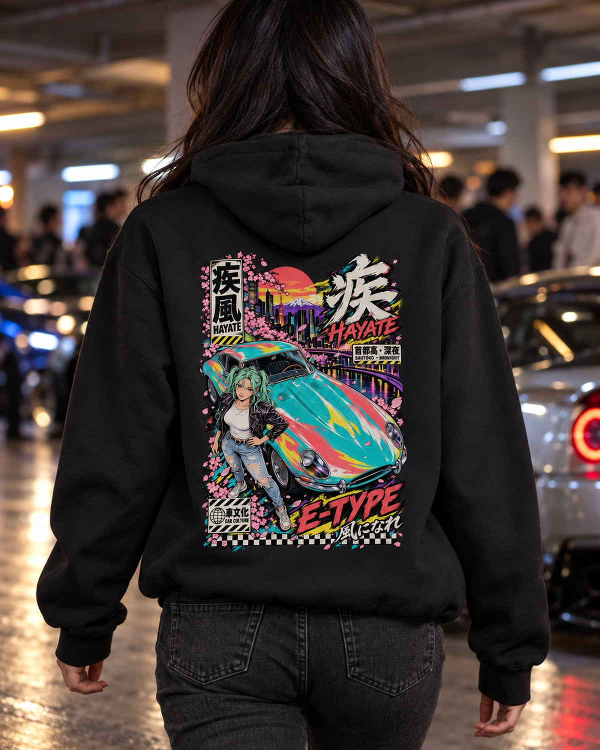 HAYATE E-TYPE Anime Girl Full-Back Graphic Tee Pull Over Hoodie Black worn hero