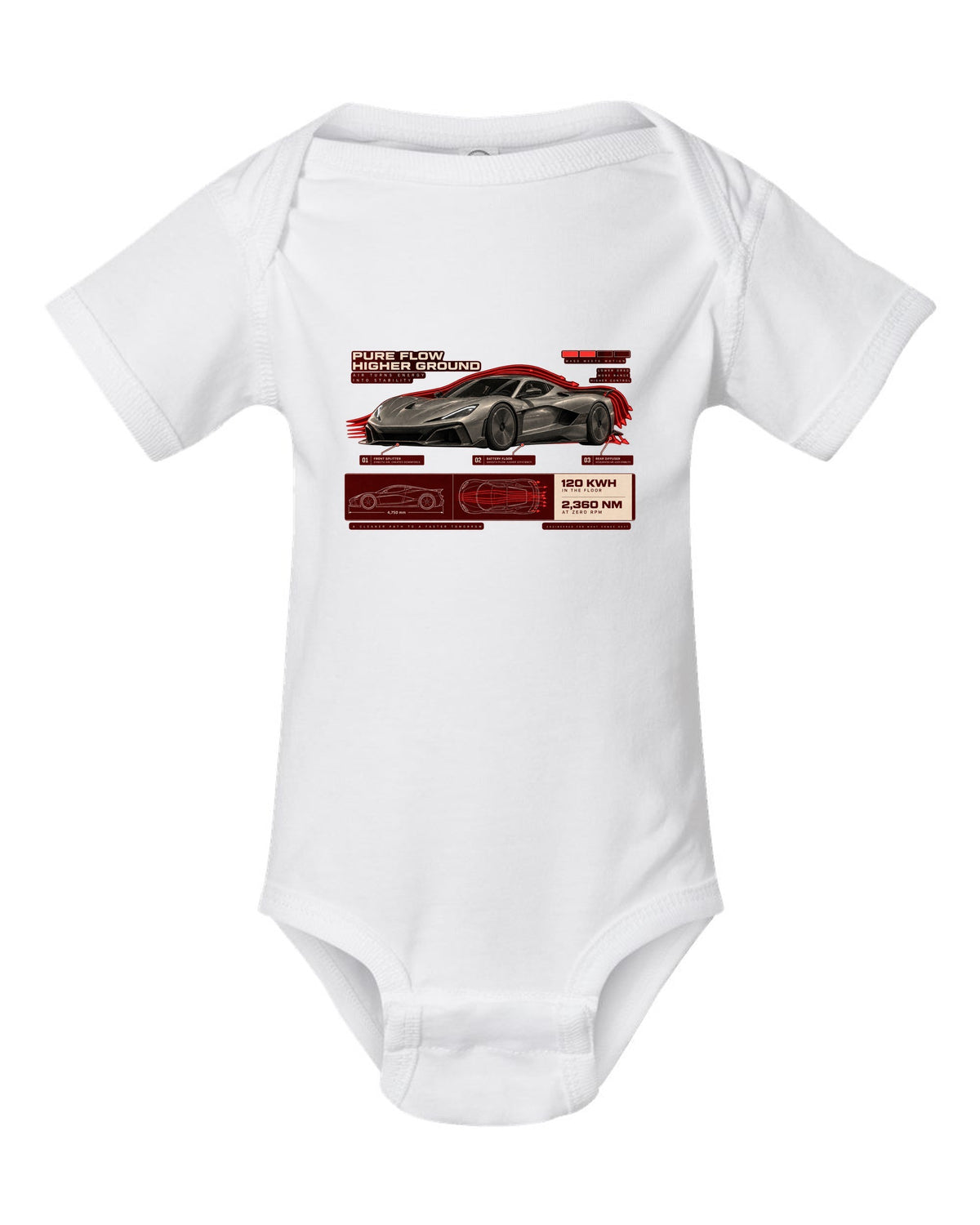 Rimac Nevera 2021 low front three-quarter aero callouts print with 120 kWh and 2,360 Nm text white baby onesie front view with the design