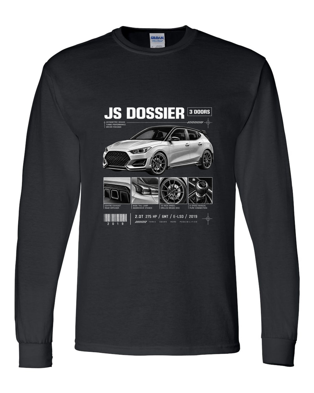 Hyundai Veloster N JS dossier panels with three doors and drivetrain specs black long sleeve front view with the design