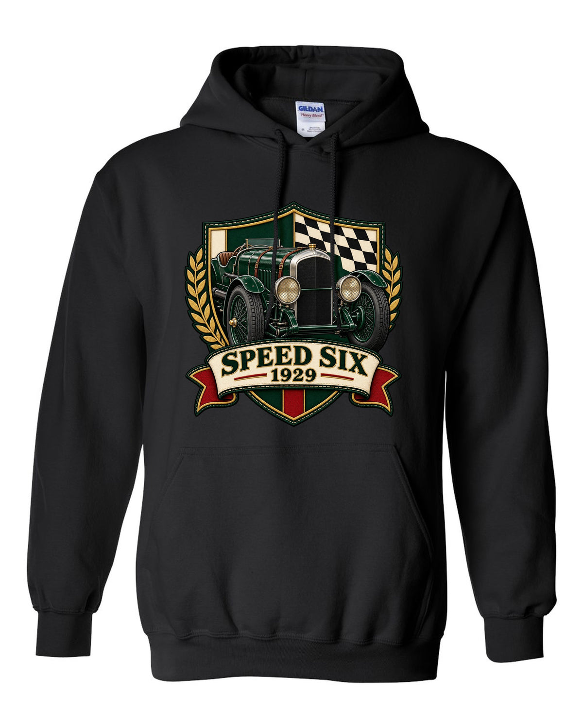 Varsity-style embroidered crest design for the 1929 Bentley Speed Six with SPEED SIX lettering black pull over hoodie front view with the design