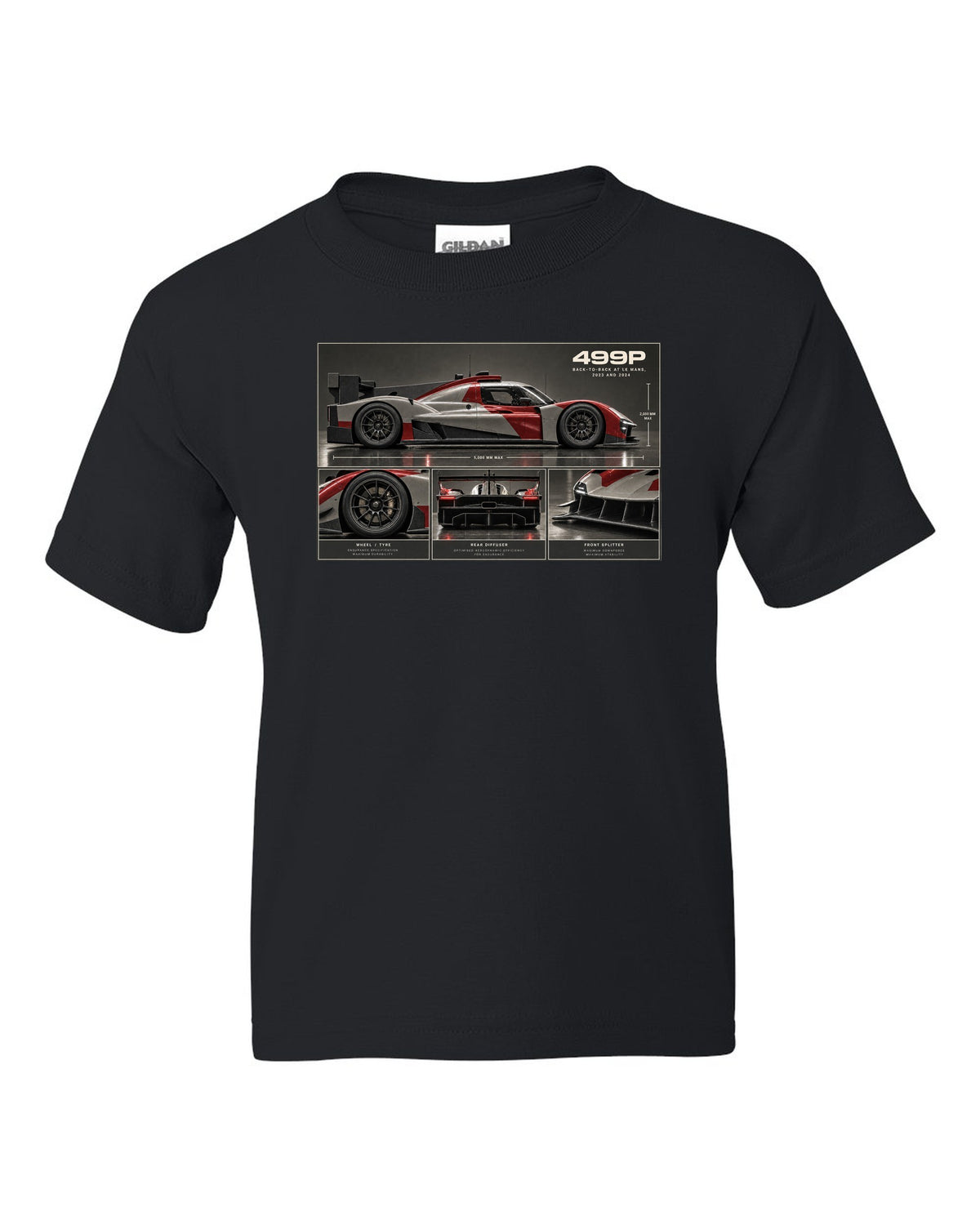 Ferrari 499P dossier panel print noting back-to-back at Le Mans 2023 and 2024 black kids tee front view with the design