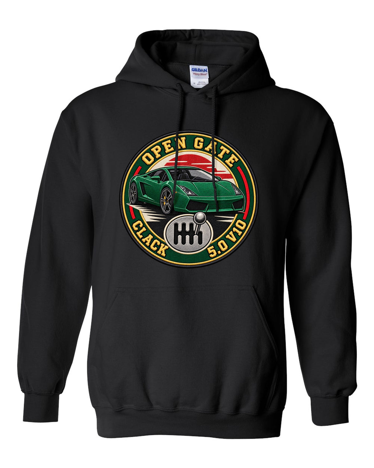 Embroidery-style crest of a Lamborghini Gallardo open-gate six-speed manual with V10 text black pull over hoodie front view with the design