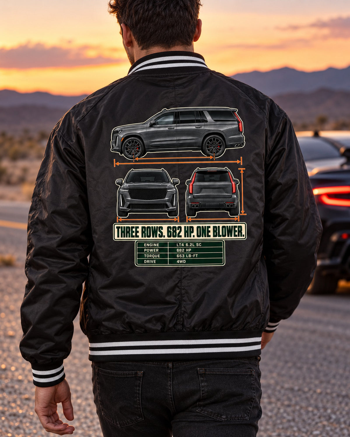 Escalade-V 2023-25 Three-View Spec Table Shirt, Car Guy Gift Bomber Jacket Black worn hero