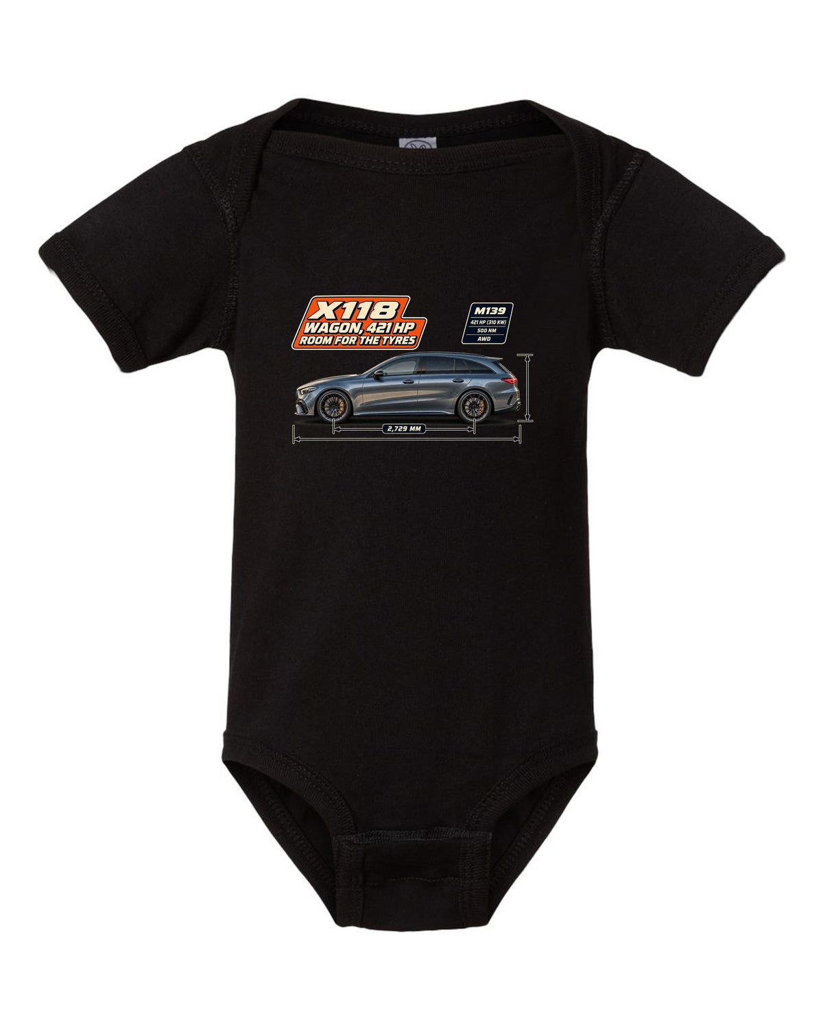 Mercedes-AMG CLA 45 S Shooting Brake X118 wagon spec poster print black baby onesie front view with the design