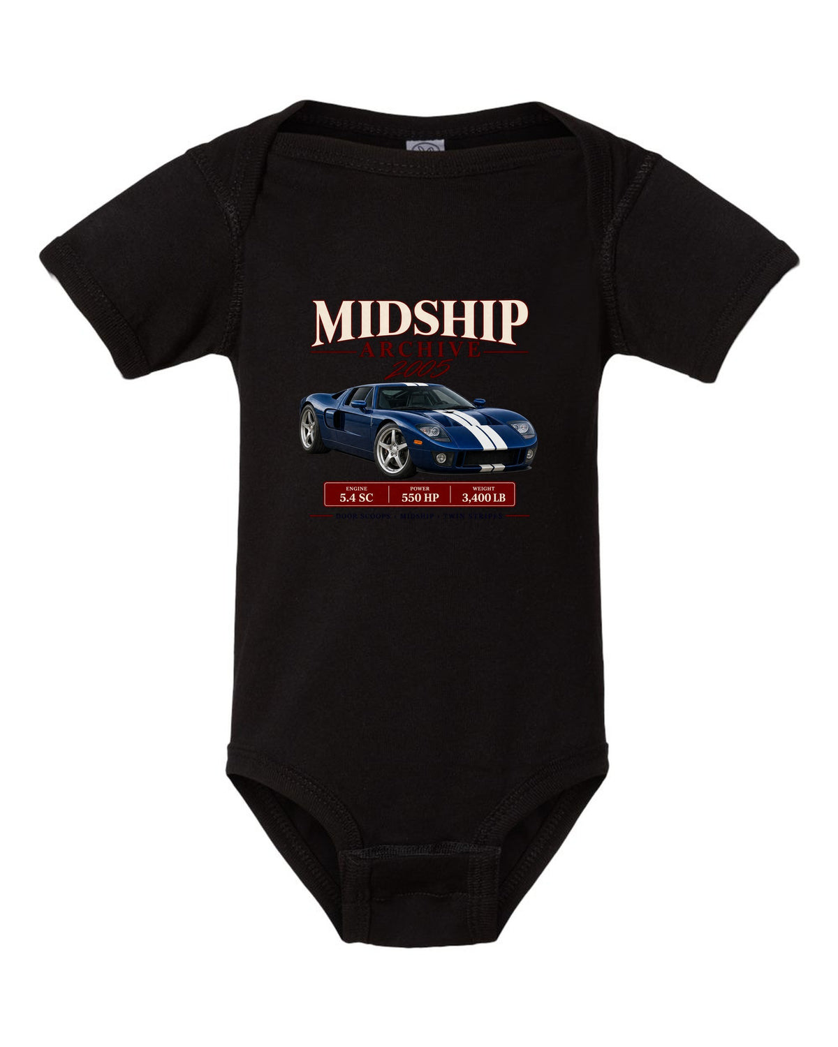 Ford GT 2005-06 midship archive panel print with door scoops, 5.4 SC and 550 HP black baby onesie front view with the design