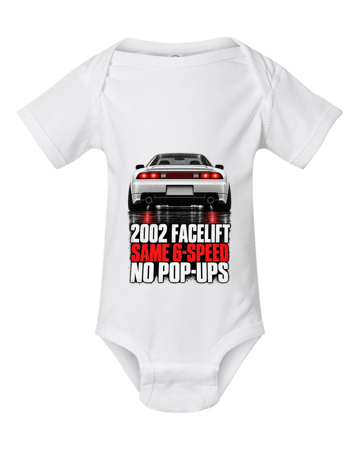 Honda NSX NA2 taillight detail design with 2002 facelift same 6-speed no pop-ups text white baby onesie front view with the design