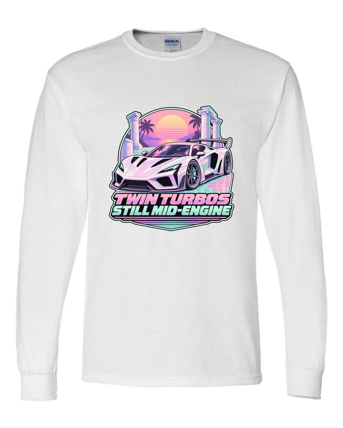 Badge crest design of a 2023 C8 Corvette Z06 with wide rear haunches white long sleeve front view with the design