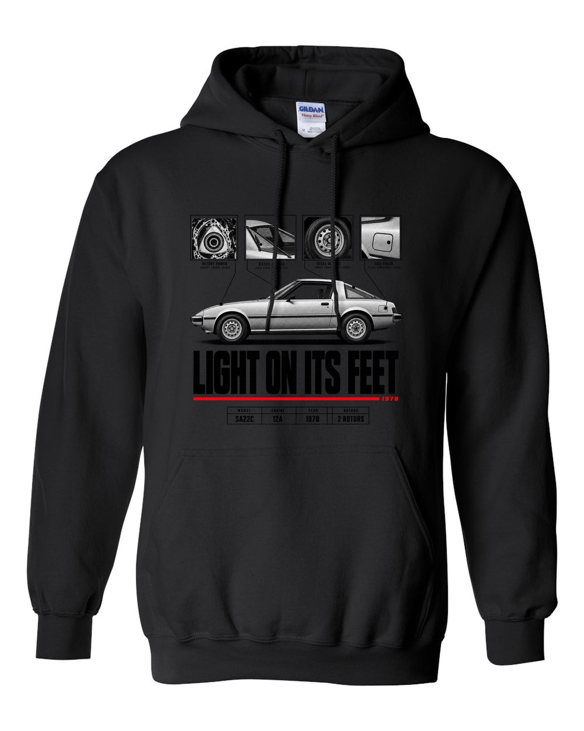 Spec poster print of a Mazda RX-7 SA22C Savanna with 12A lettering black pull over hoodie front view with the design