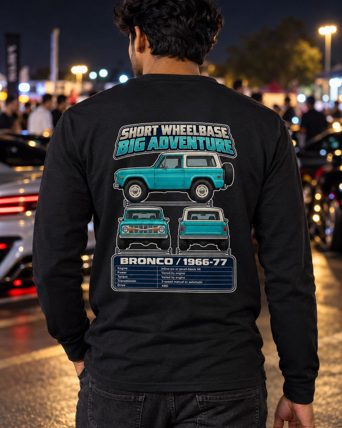 Ford Early Bronco Spec Sheet Full-Back Graphic Tee Long Sleeve Black worn hero
