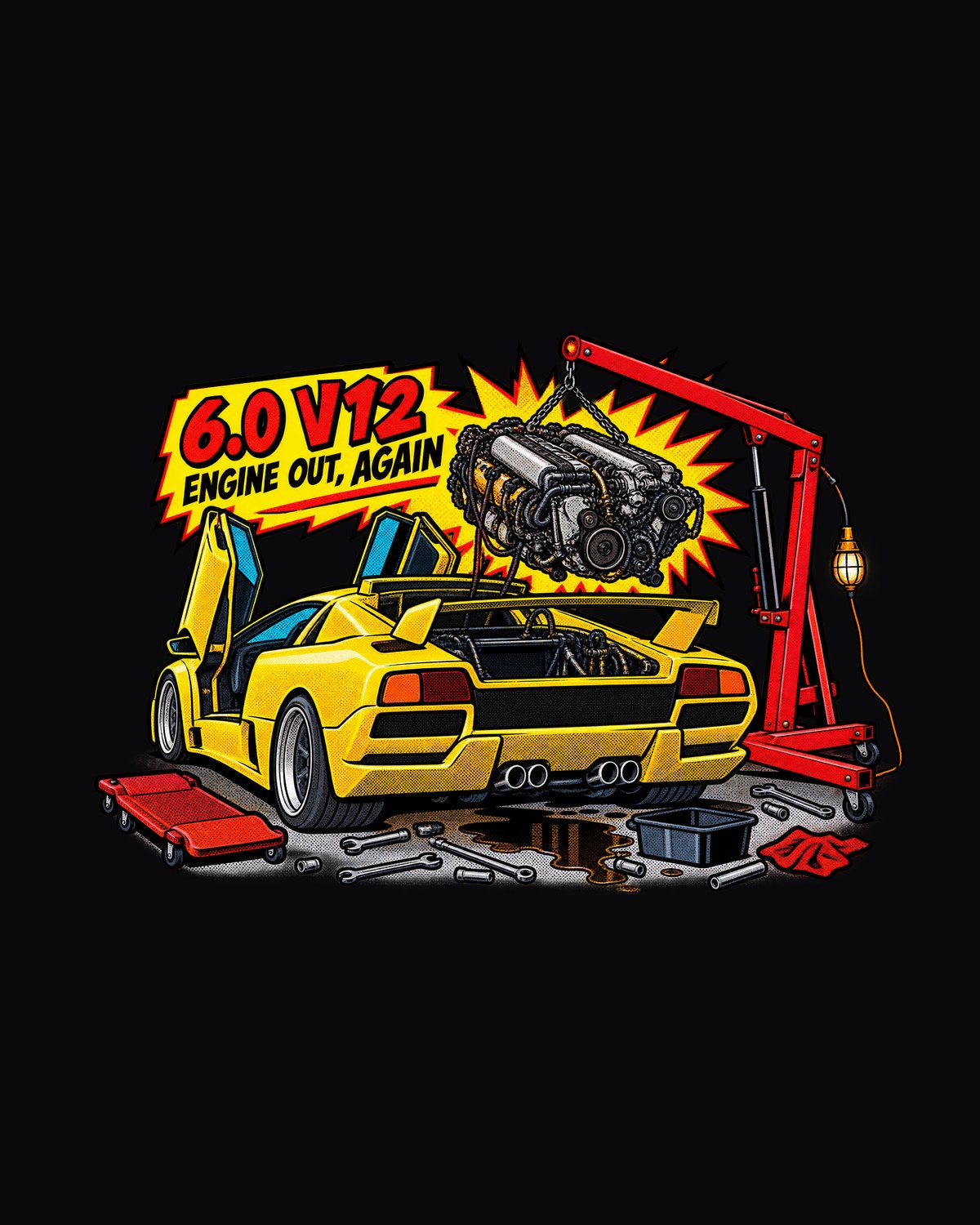 Diablo GT Comic Halftone Shirt, 6.0 V12 Engine Out Again design only