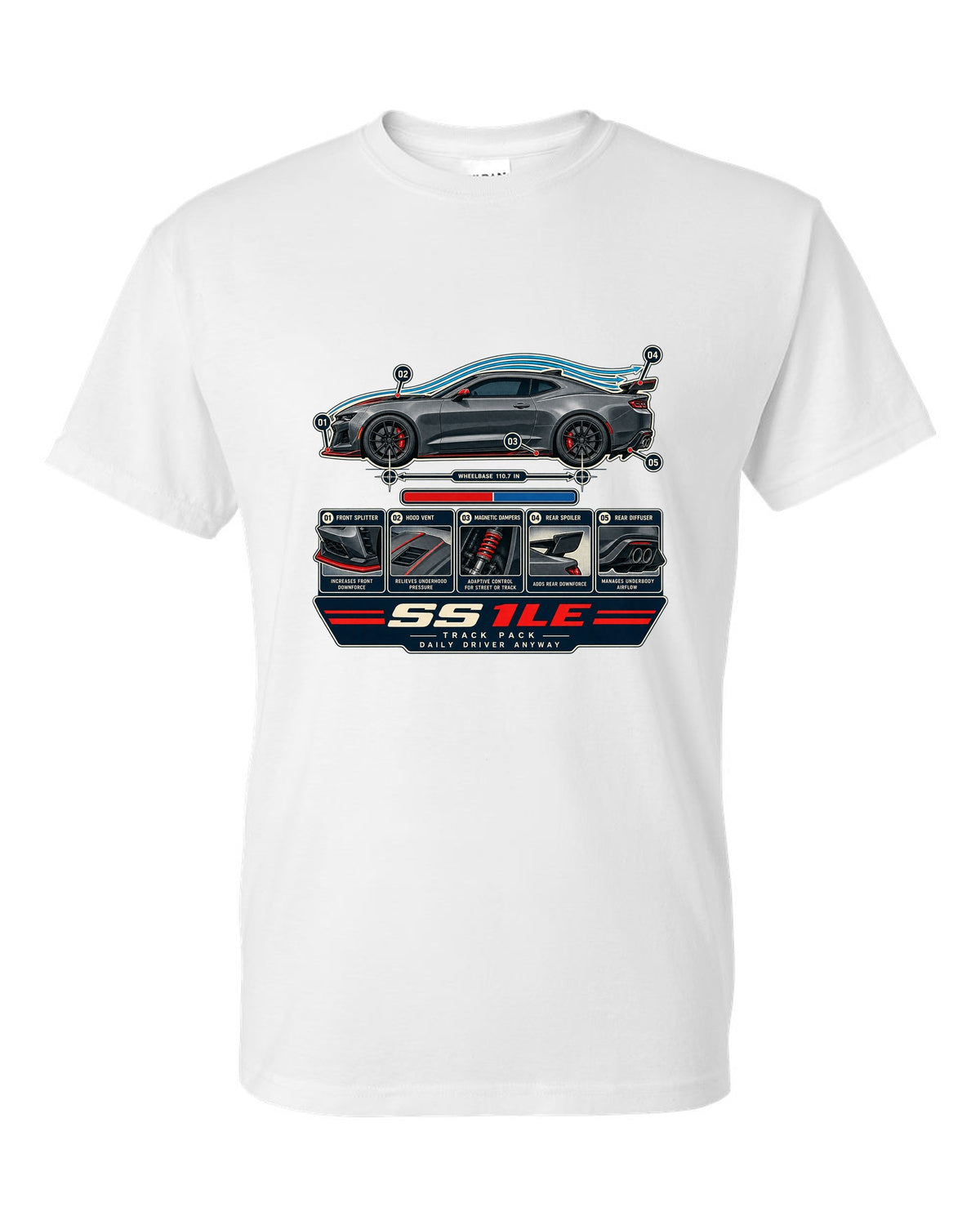 Airflow cutaway print of a 6th generation Chevrolet Camaro SS 1LE white t-shirt front view with the design