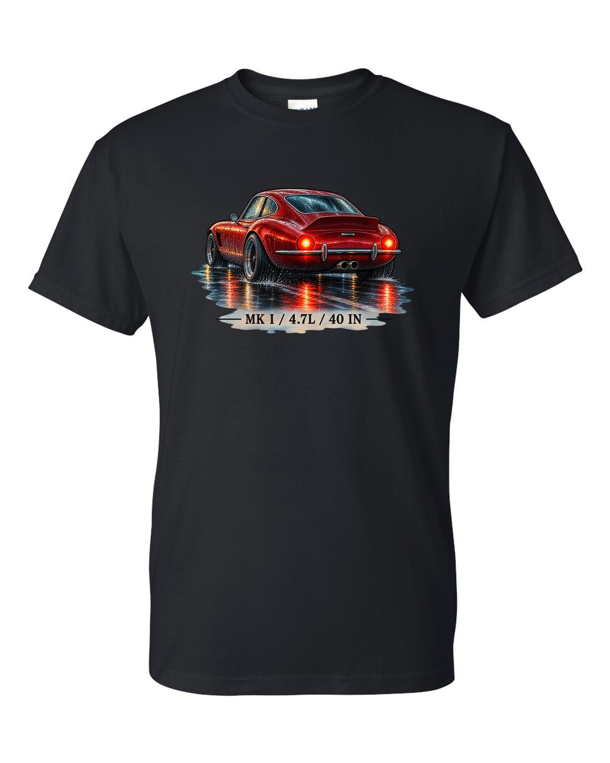 Watercolour of a Ford GT40 Mk I on a wet night road with 4.7L lettering black t-shirt front view with the design