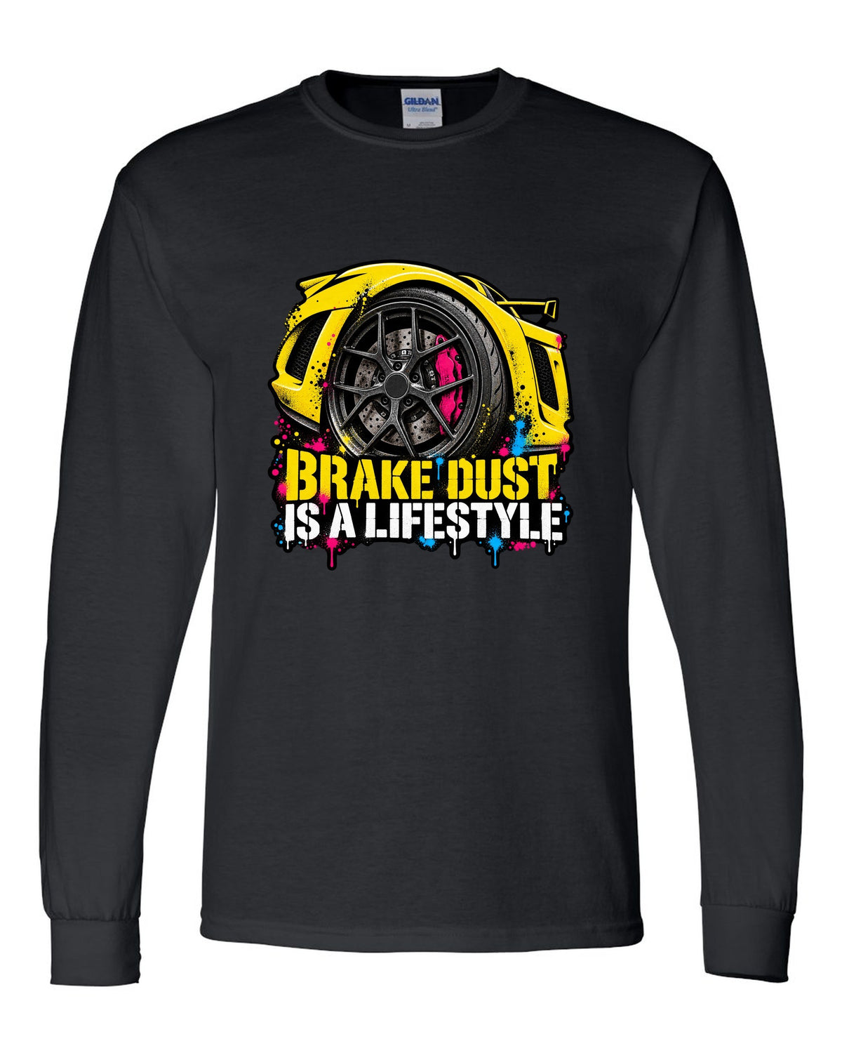 Lotus Exige stencil spray street art with BRAKE DUST IS A LIFESTYLE lettering black long sleeve front view with the design