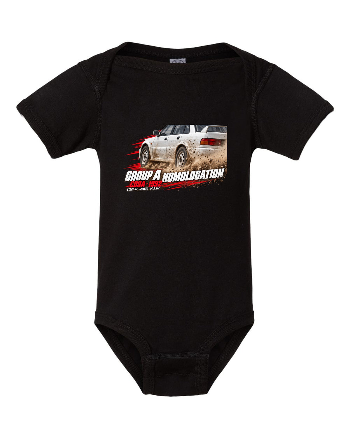 Rally poster print for the Mitsubishi Lancer Evolution I CD9A reading Group A Homologation, 1992, Stage 07 gravel black baby onesie front view with the design