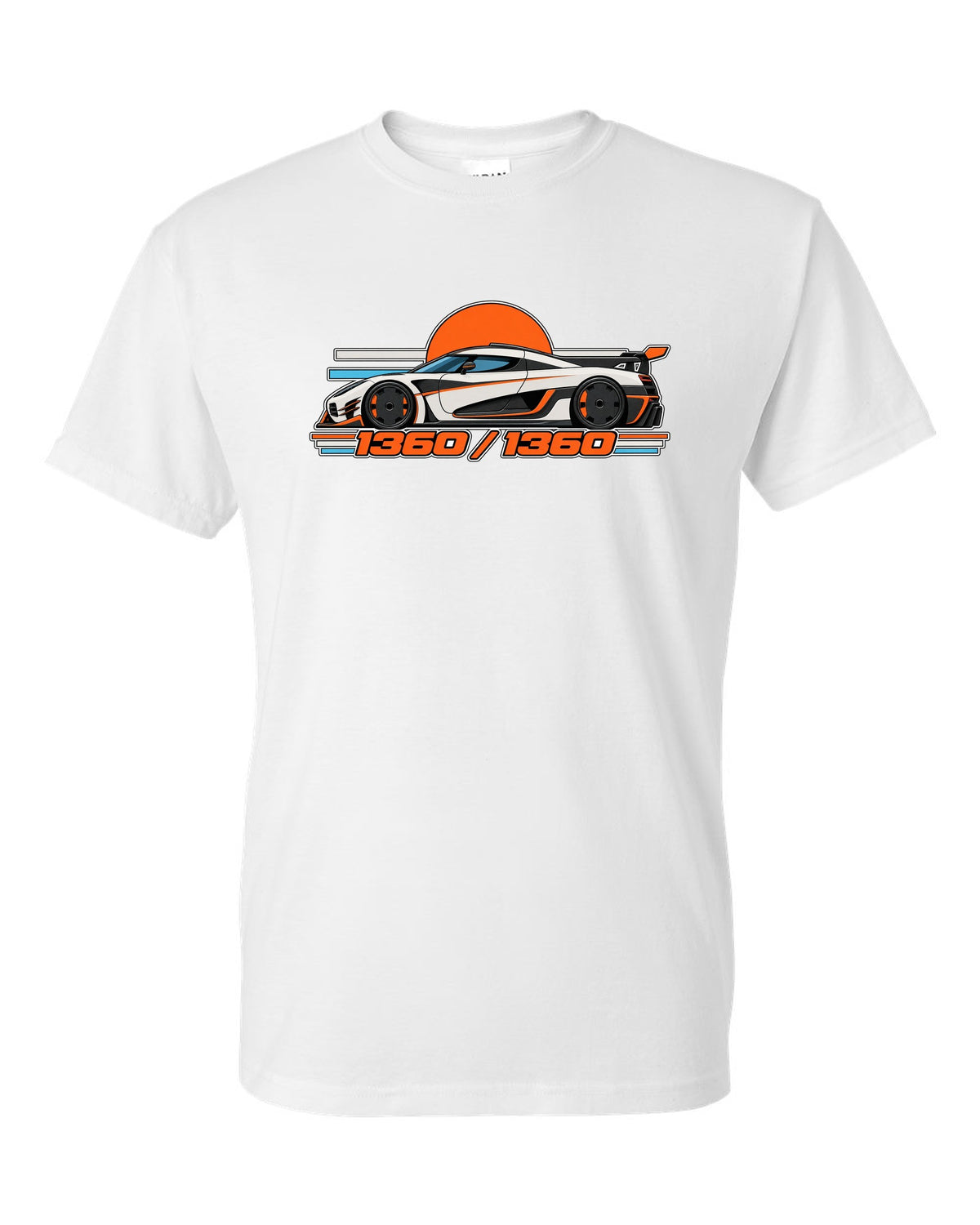 Minimal Swiss grid print for the Koenigsegg One:1 with 1360 over 1360 lettering white t-shirt front view with the design