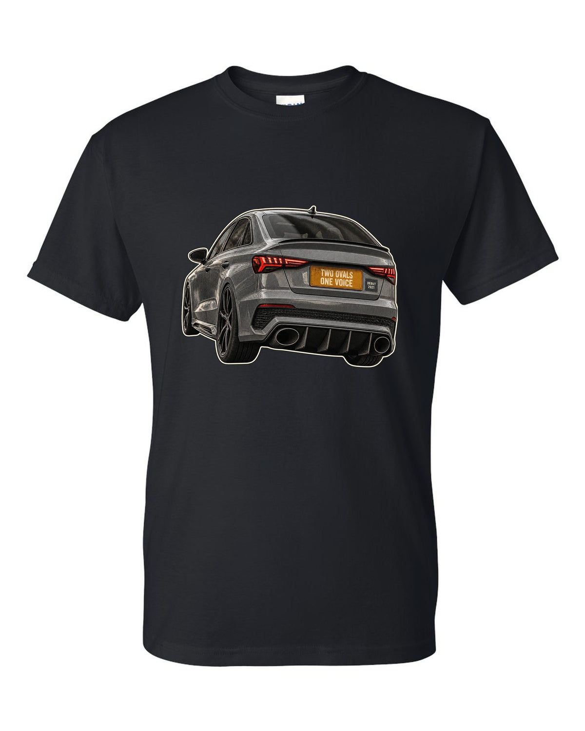 Taillight and exhaust macro of an Audi RS3 8Y sedan black t-shirt front view with the design