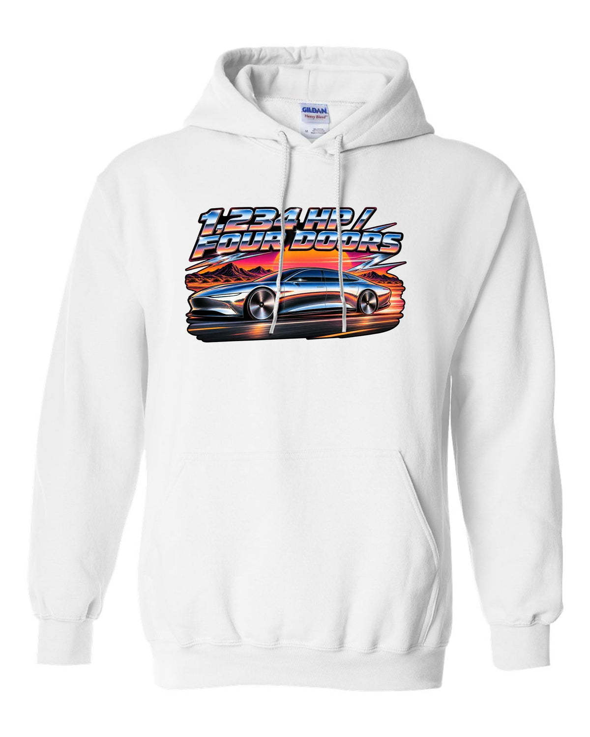 Lucid Air Sapphire 80s airbrush chrome poster print with the text 1,234 hp four doors white pull over hoodie front view with the design