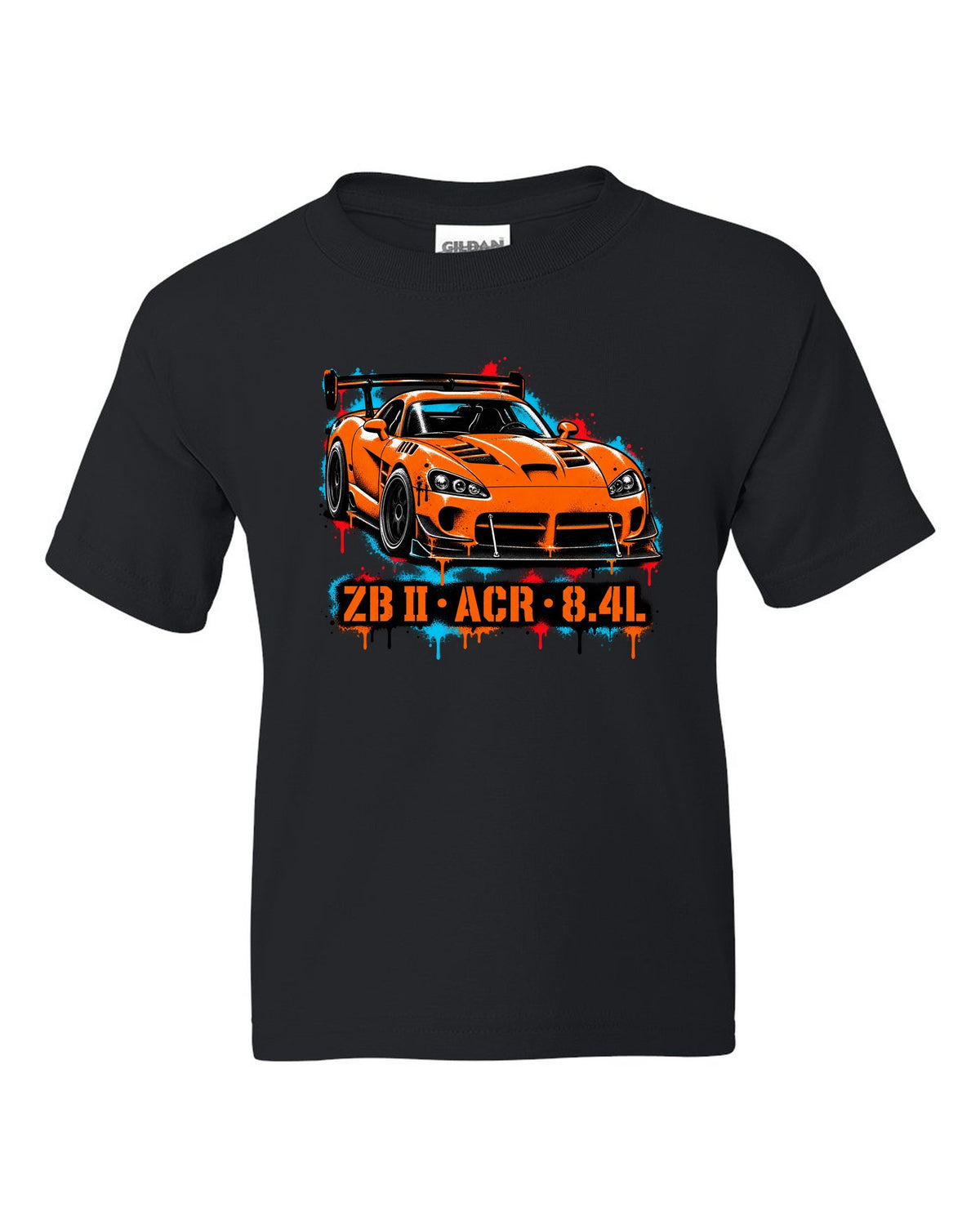 Stencil spray street art of a 2008 Dodge Viper ACR with large rear wing, ZB II ACR 8.4L lettering black kids tee front view with the design