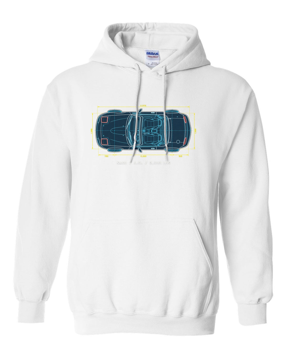 Technical blueprint line art of the Mazda MX-5 NA6C with 1.6L and 2,000 lbs text white pull over hoodie front view with the design