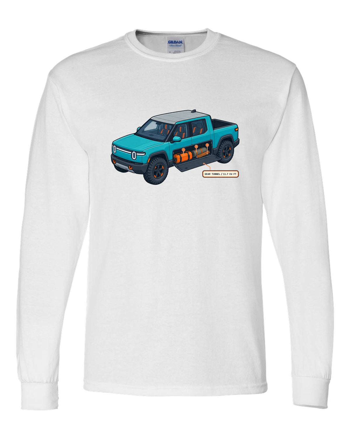 Isometric cutaway technical illustration print of a Rivian R1T reading Gear Tunnel 11.7 Cu Ft white long sleeve front view with the design