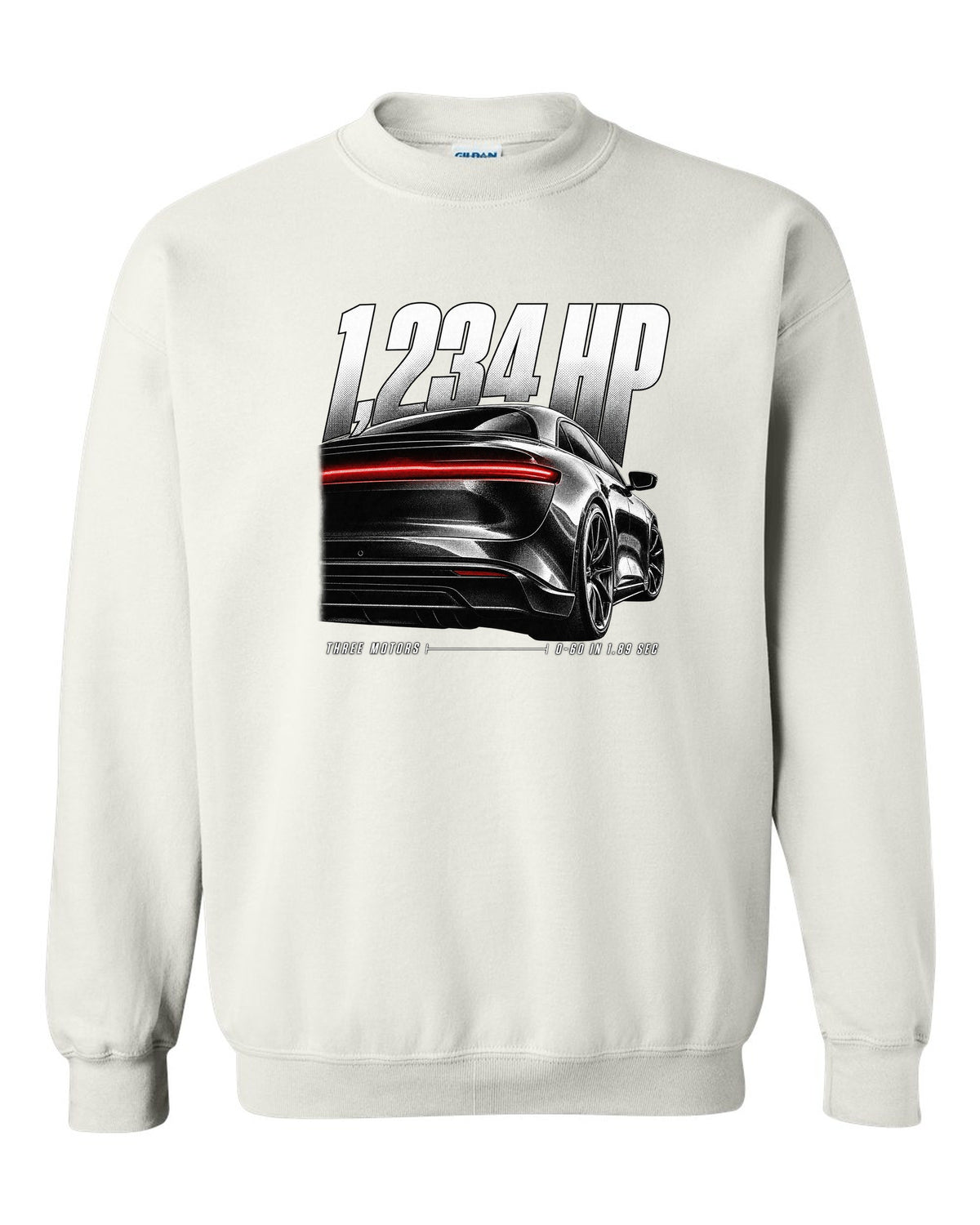 Rear detail macro of Lucid Air Sapphire 2023 with light slit and performance figures white crewneck front view with the design