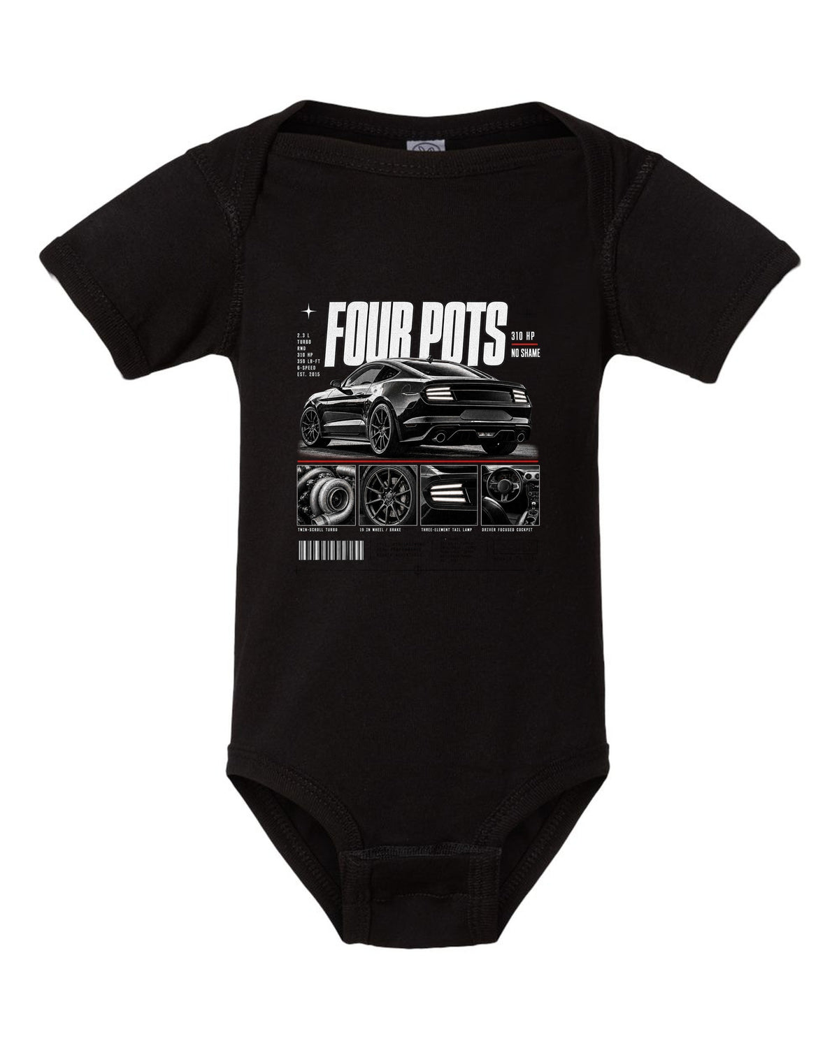Dossier panel print of a 2015-17 Ford Mustang S550 EcoBoost fastback black baby onesie front view with the design