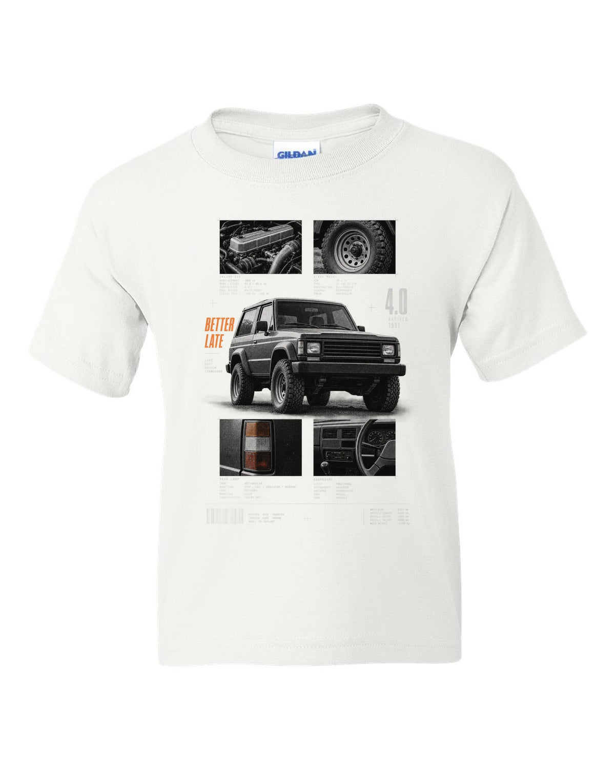 Dossier panel print for the Jeep Wrangler YJ 4.0, arrived 1991 white kids tee front view with the design