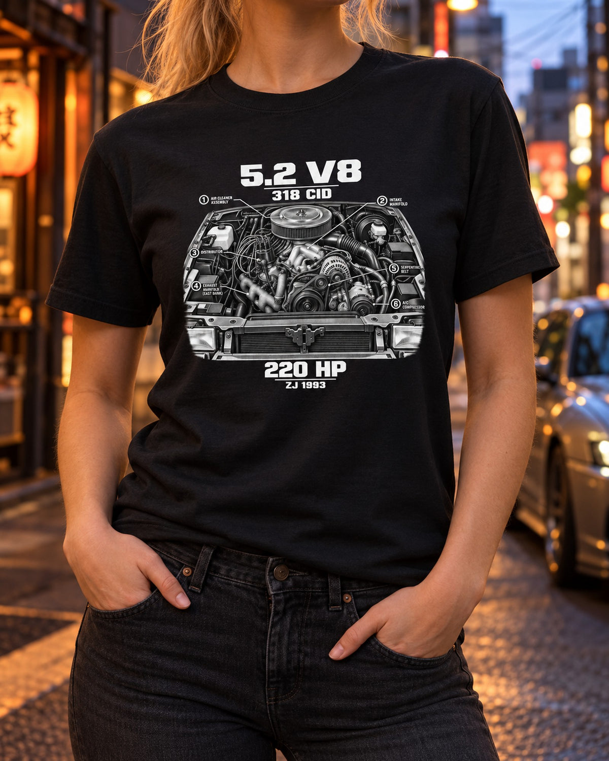Jeep Grand Cherokee ZJ 5.2 V8 318 Engine Hero Tee T-Shirt Black worn hero