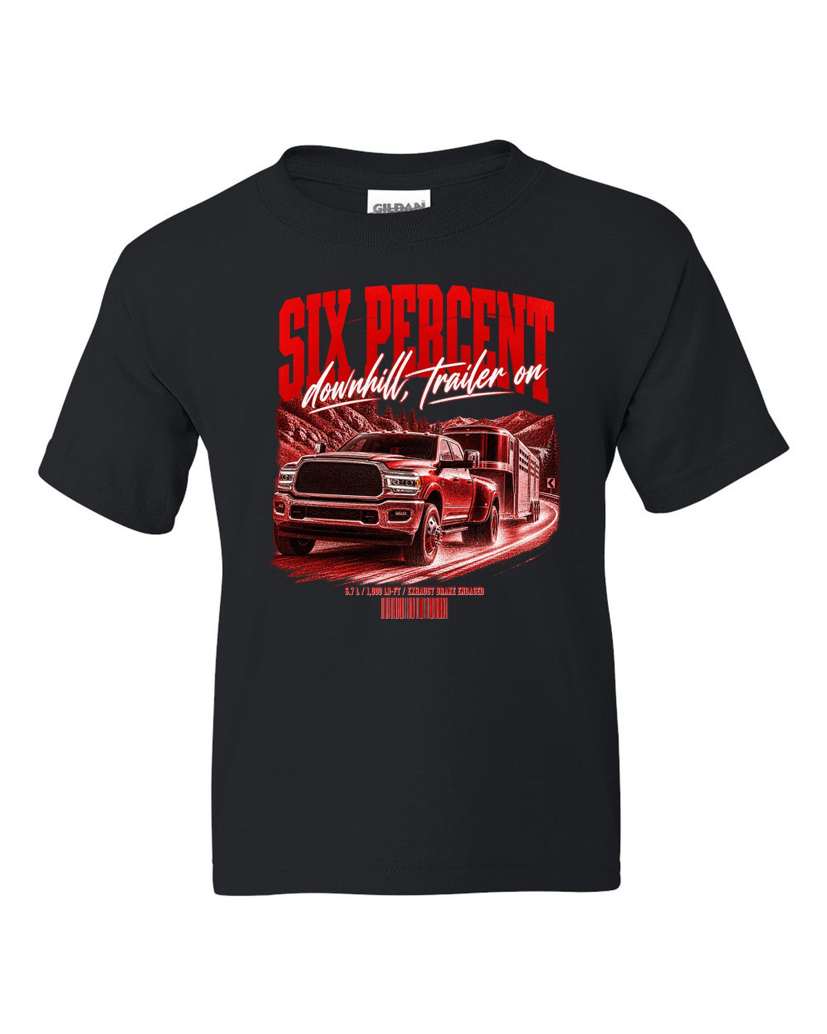 Street poster of a 2019-2024 Ram 3500 towing a trailer with the text Six percent, downhill, trailer on black kids tee front view with the design