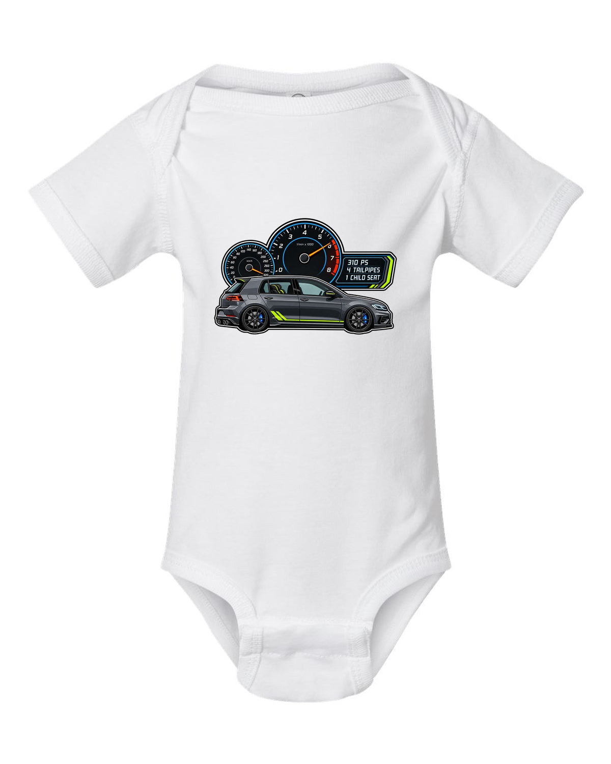 Gauge cluster style print for a VW Golf R Mk7.5 showing 310 PS 4 tailpipes 1 child seat white baby onesie front view with the design