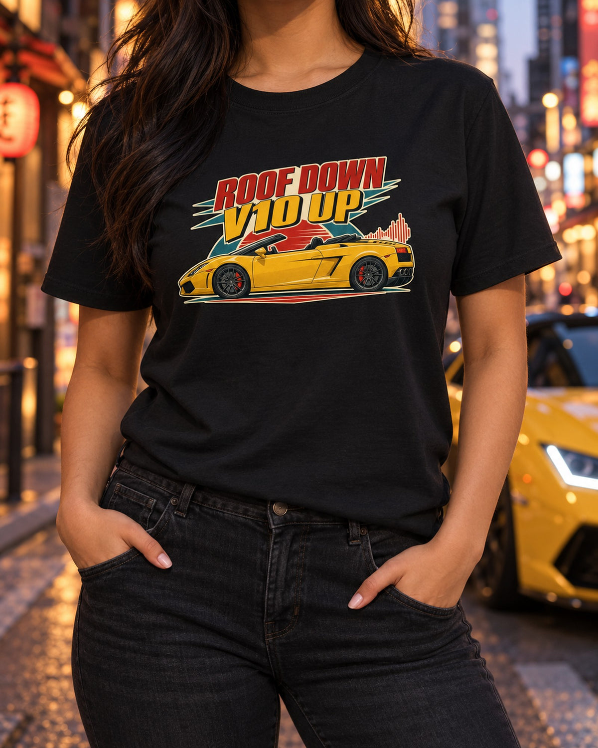 Gallardo Spyder LP560-4 1960s Poster Shirt, Roof Down V10 Up T-Shirt Black worn hero