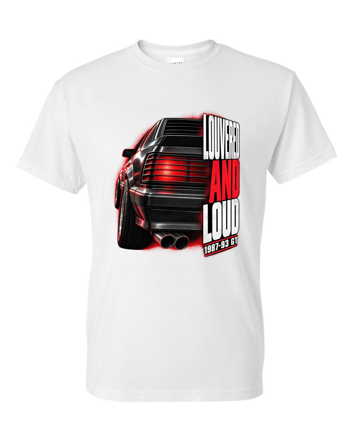 Macro print of a Ford Mustang Fox Body GT louvered taillight, 1987-93 white t-shirt front view with the design