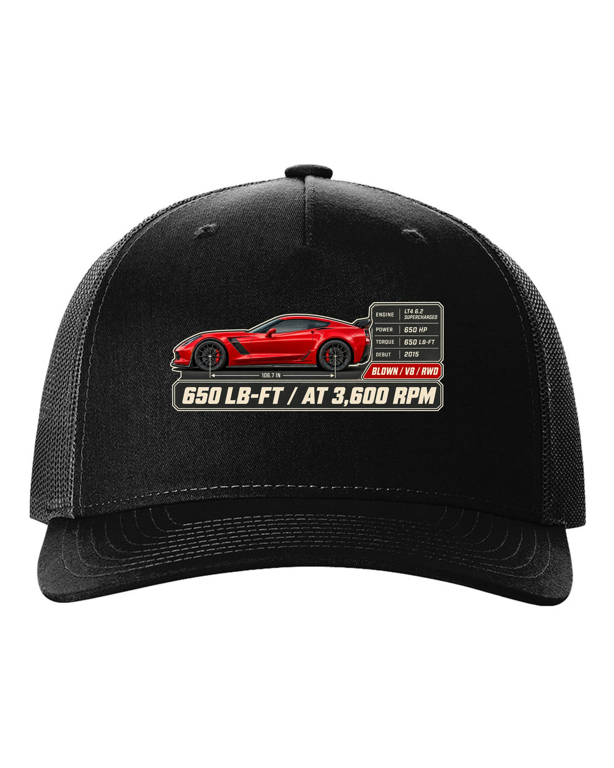 print of a Chevrolet Corvette C7 Z06 spec poster showing 650 lb-ft at 3,600 rpm black hat front view with the design