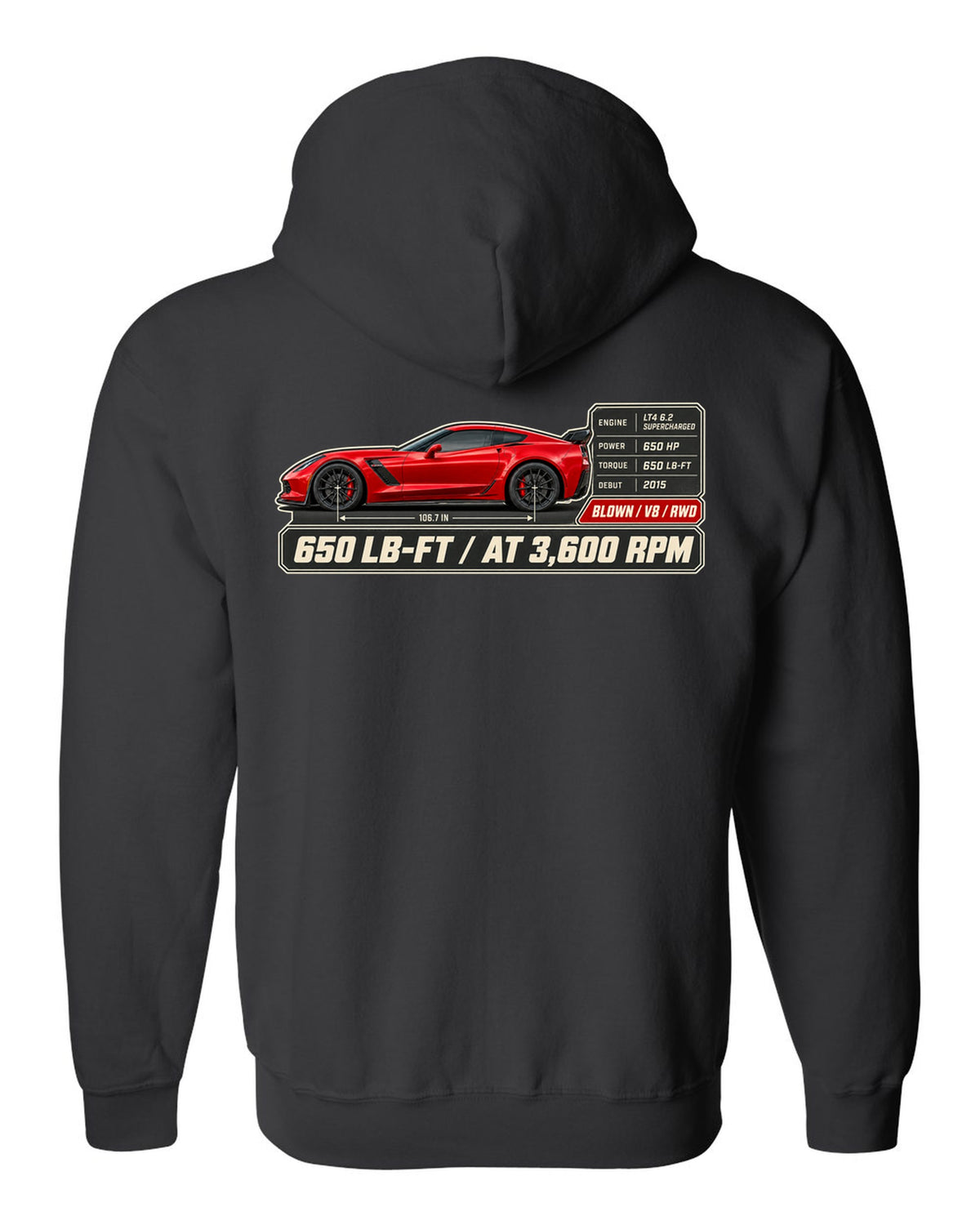 print of a Chevrolet Corvette C7 Z06 spec poster showing 650 lb-ft at 3,600 rpm black zip hoodie back view with the design