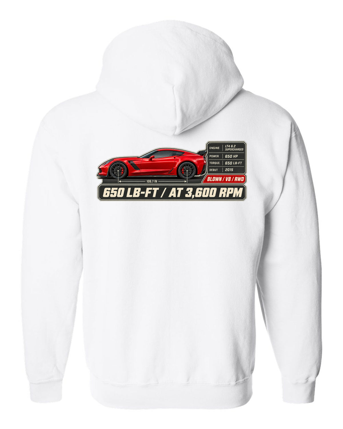 print of a Chevrolet Corvette C7 Z06 spec poster showing 650 lb-ft at 3,600 rpm white zip hoodie back view with the design