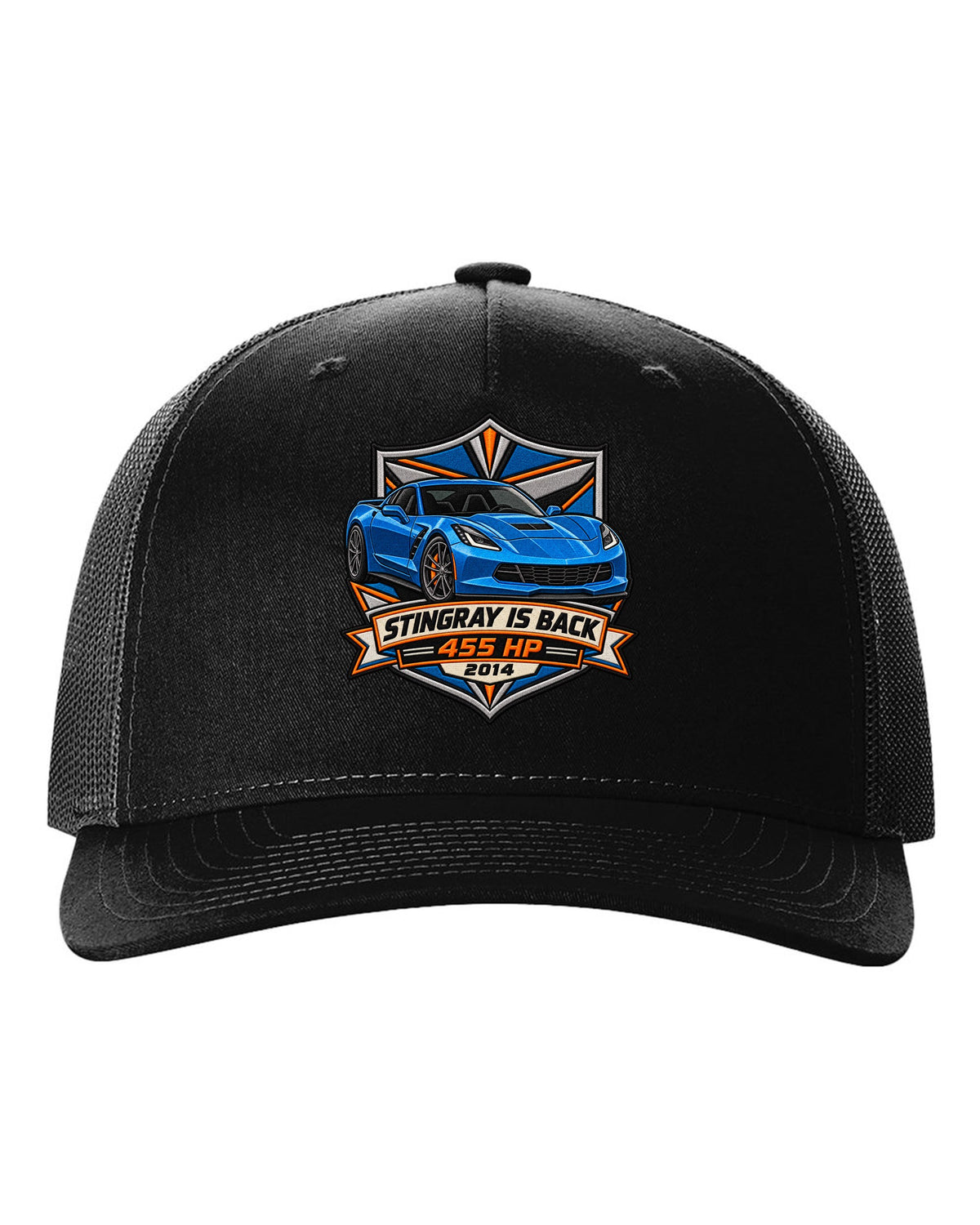 Varsity crest style print of a 2014 Chevrolet Corvette C7 Stingray with 455 HP and gill vent detail black hat front view with the design