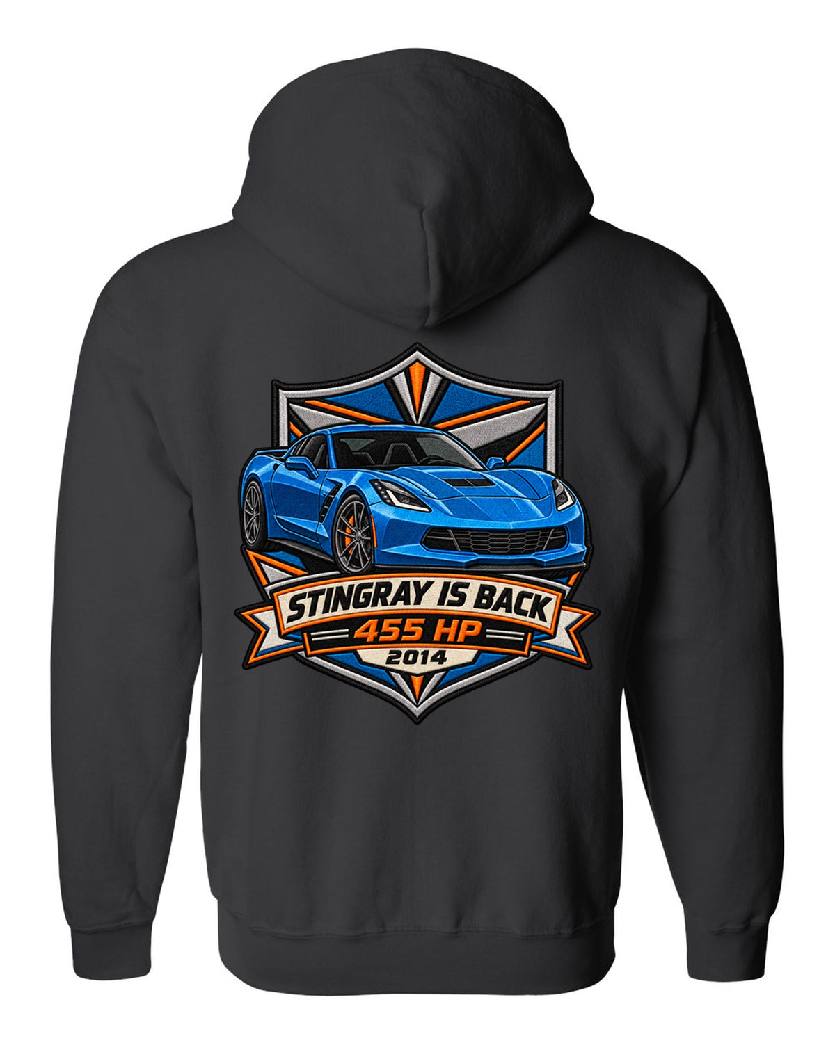 Varsity crest style print of a 2014 Chevrolet Corvette C7 Stingray with 455 HP and gill vent detail black zip hoodie back view with the design