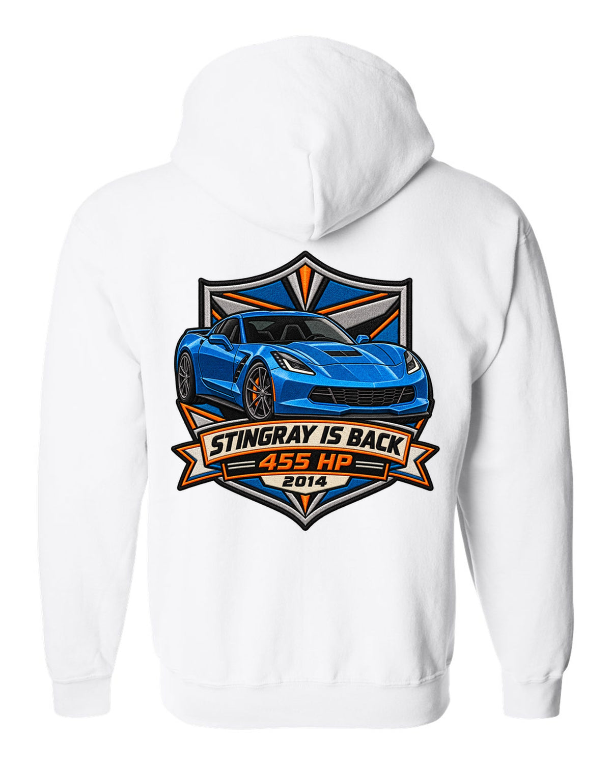 Varsity crest style print of a 2014 Chevrolet Corvette C7 Stingray with 455 HP and gill vent detail white zip hoodie back view with the design