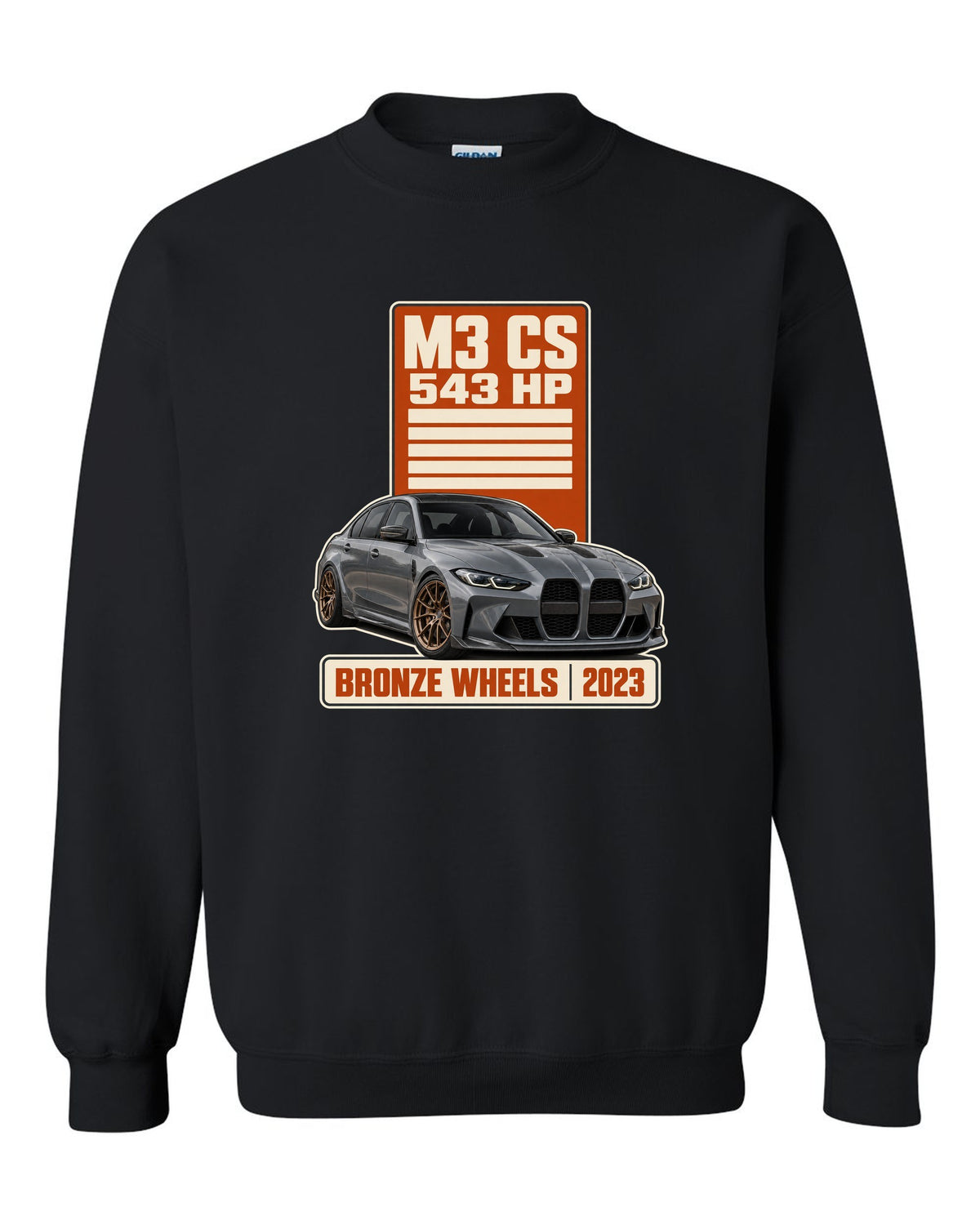 BMW M3 CS G80 spec poster print with 543 hp and bronze wheels text black crewneck front view with the design