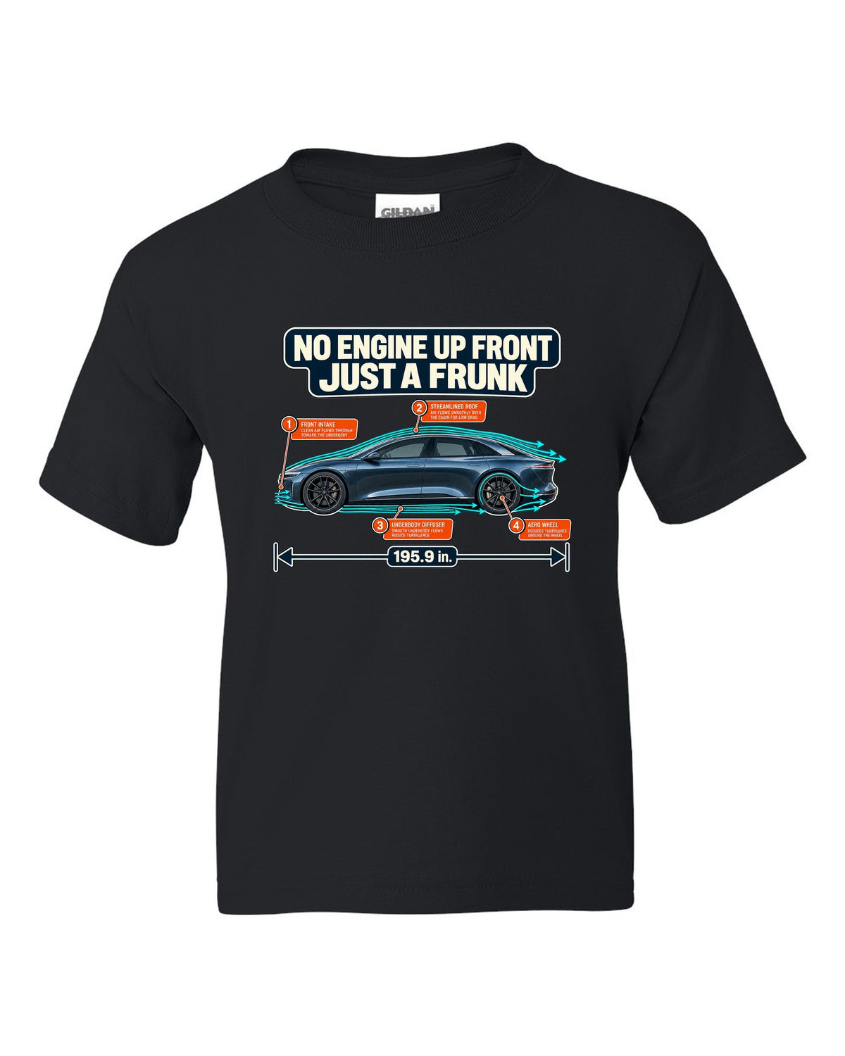 Aero cutaway callout print of a Lucid Air Sapphire showing the front trunk black kids tee front view with the design