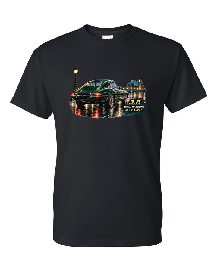 Watercolour print of 1964 Jaguar E-Type Series 1 taillights on a wet night road black t-shirt front view with the design
