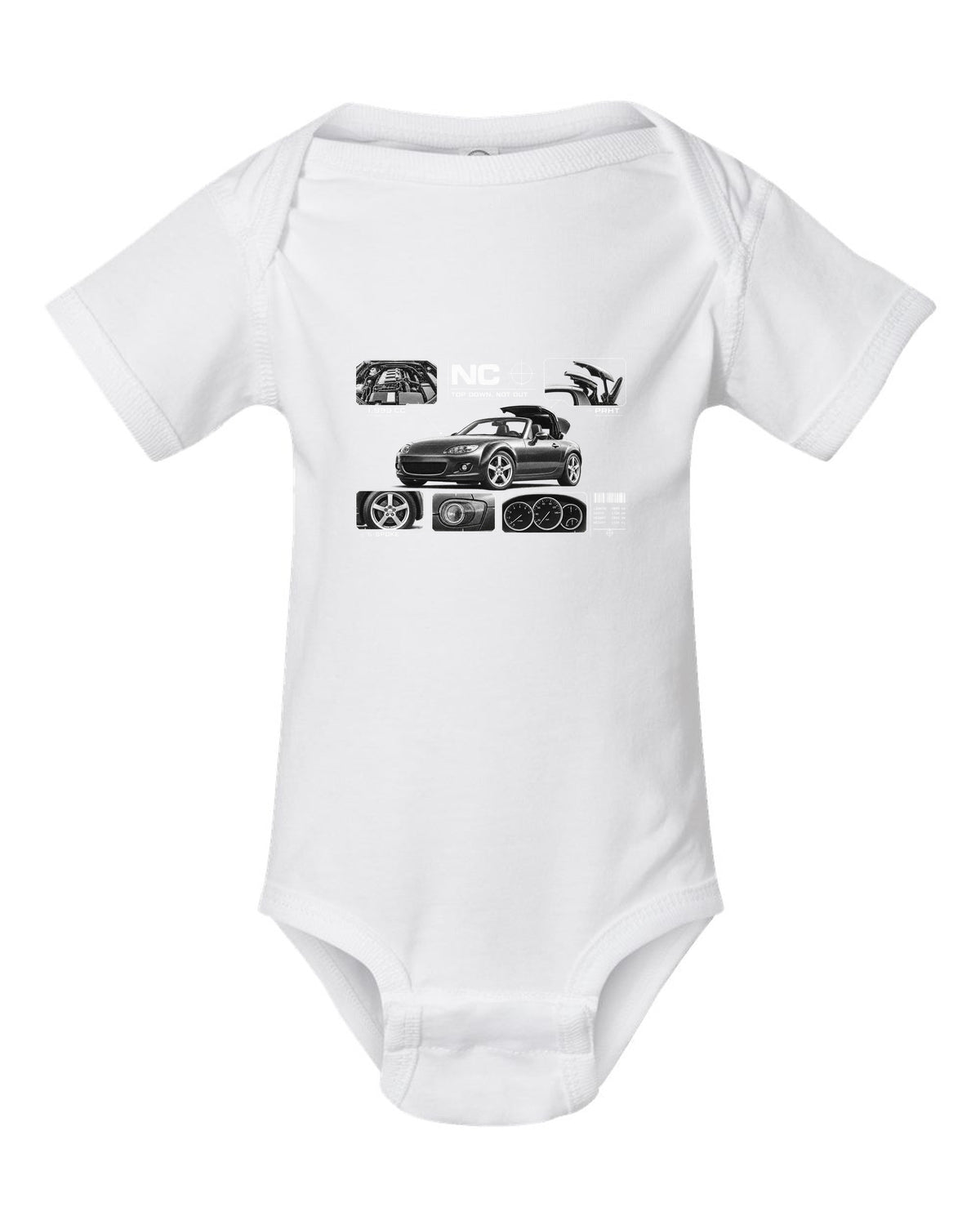 Dossier panel print of a Mazda MX-5 NC PRHT with roof and 1,999 cc lettering white baby onesie front view with the design
