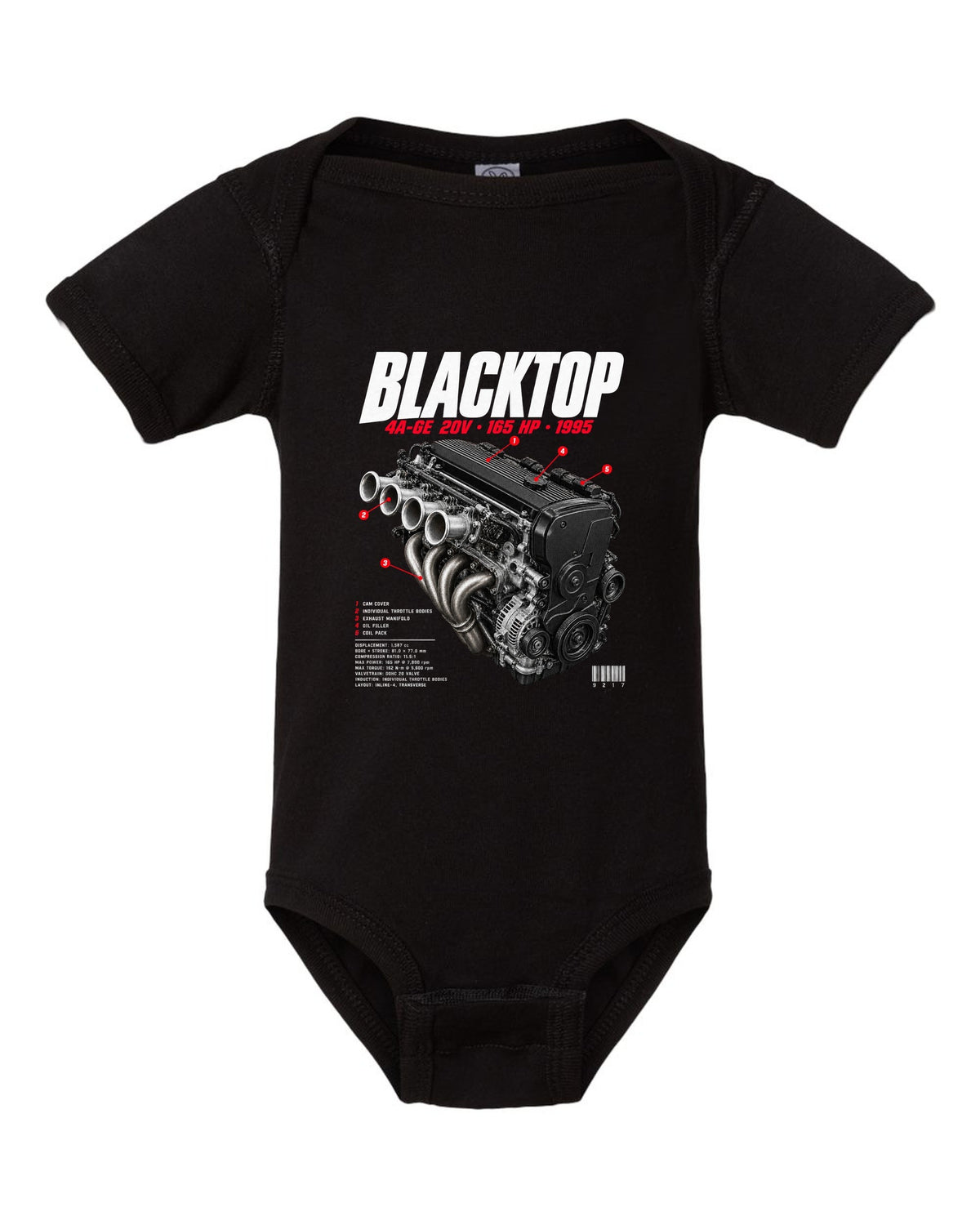 Engine bay hero print of the blacktop 4A-GE 20V in a Toyota Corolla Levin AE111 black baby onesie front view with the design