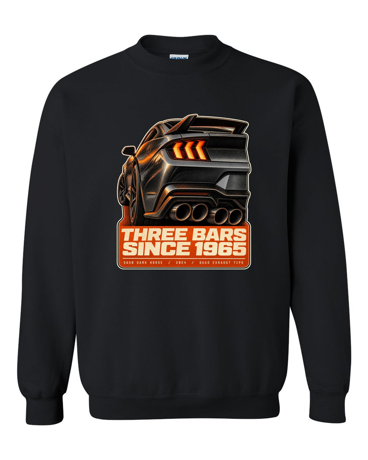 Ford Mustang S650 Dark Horse taillight macro print with quad exhaust tip text black crewneck front view with the design