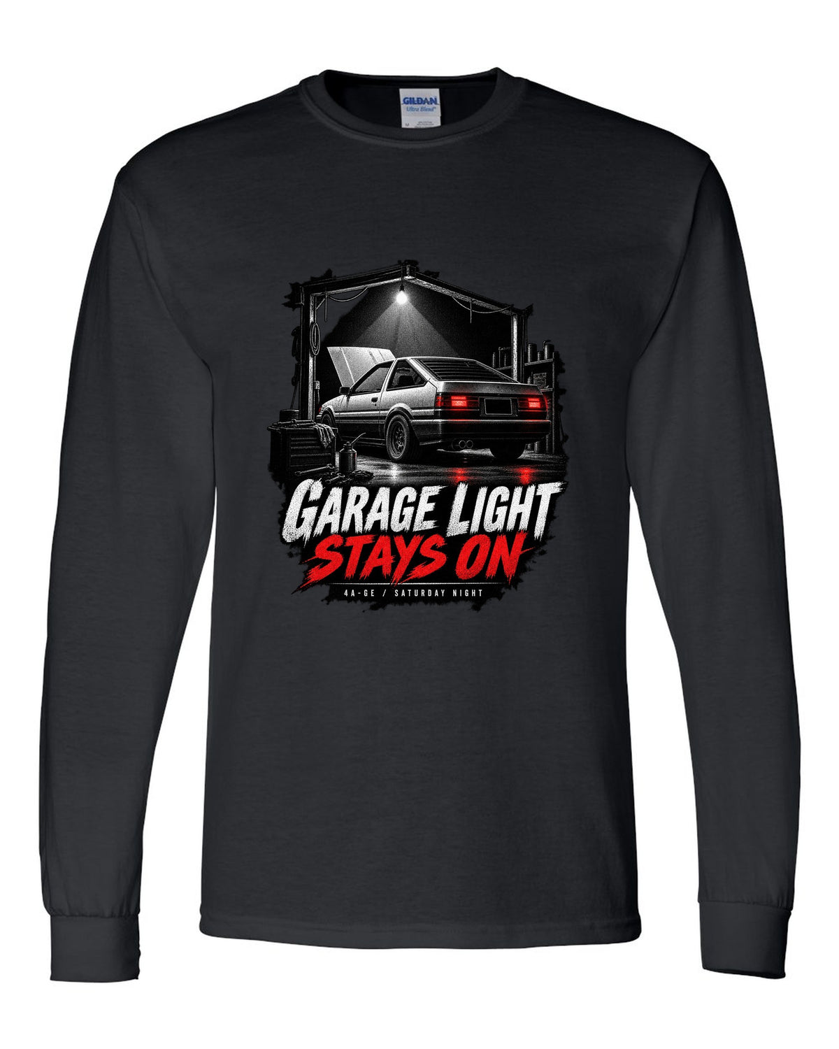 Garage night print of a Toyota AE86 Sprinter Trueno with 4A-GE lettering black long sleeve front view with the design