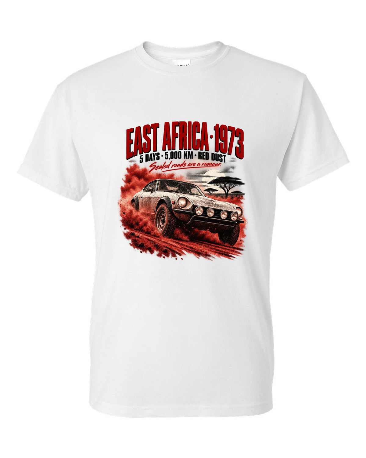 Rally poster print of a 1973 Datsun 240Z S30 rally car for East Africa white t-shirt front view with the design