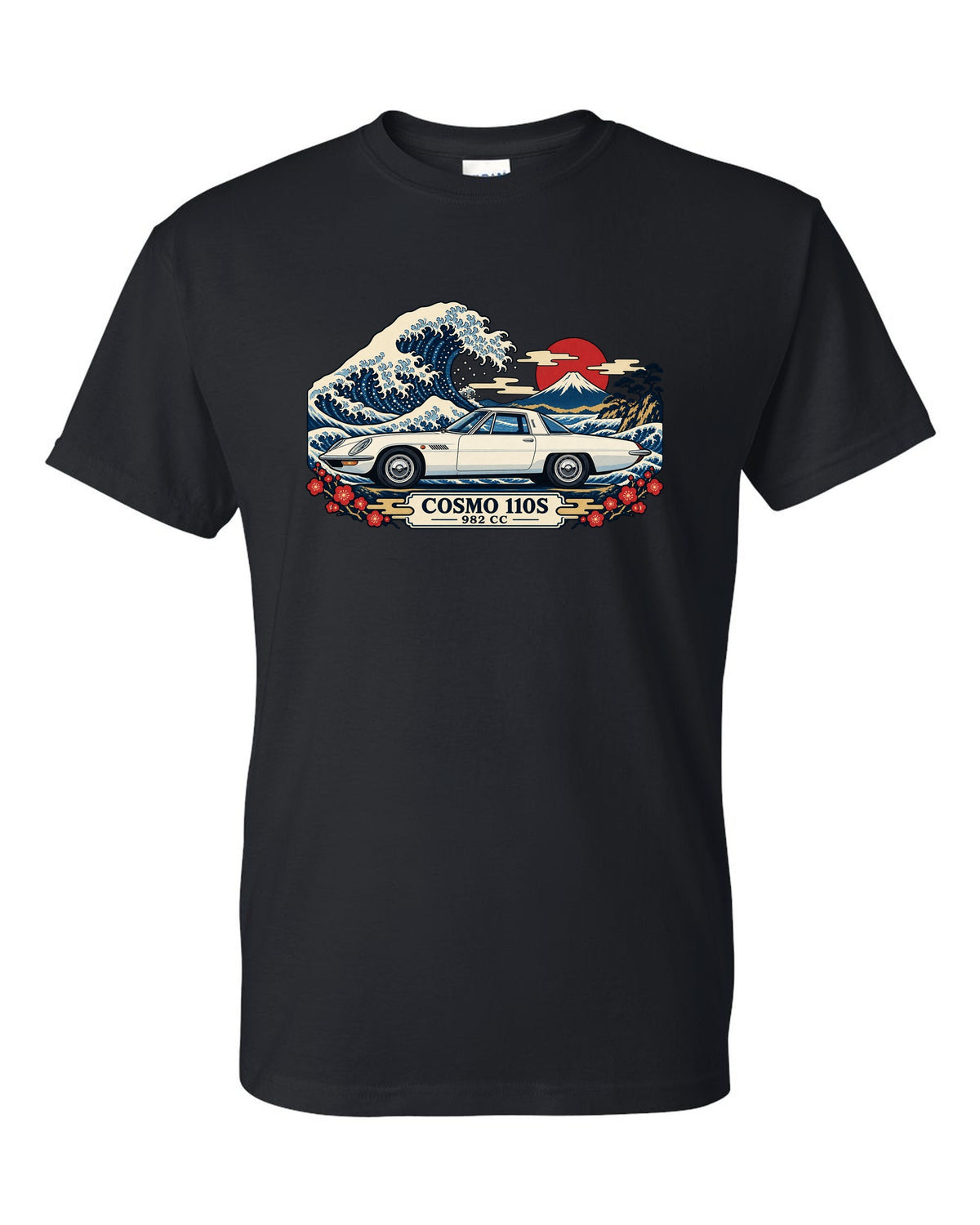 Ukiyo-e woodblock illustration of the Mazda Cosmo Sport 110S with a wave and 982 CC lettering black t-shirt front view with the design