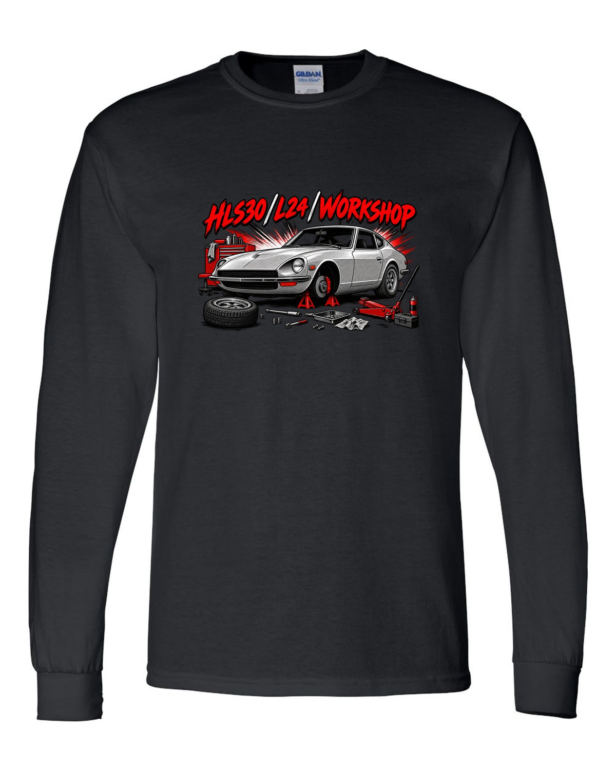 Retro manga halftone panel print of the Datsun 240Z HLS30 with L24 workshop lettering black long sleeve front view with the design
