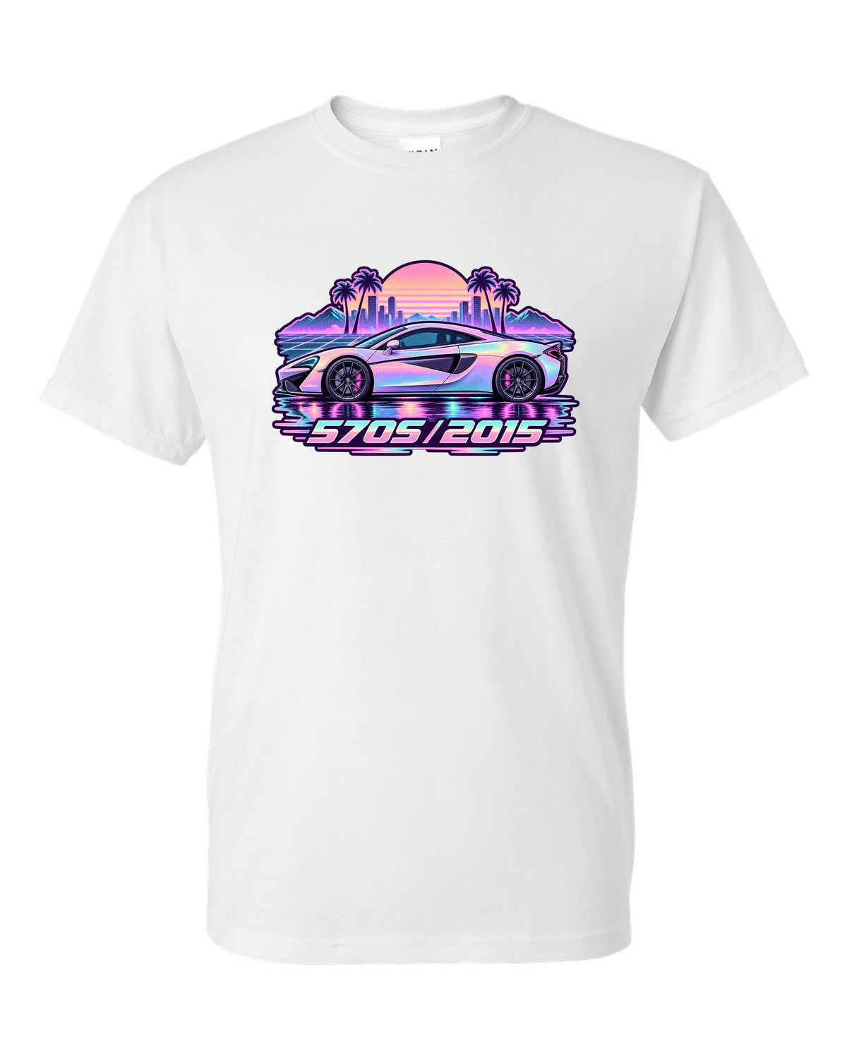 McLaren 570S vaporwave pastel rain print with 570S 2015 lettering white t-shirt front view with the design